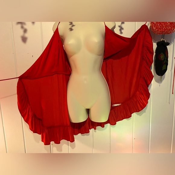 Free People Intimately red silky wrap dress surplice neck,ruffle hi low hem sz.S - Picture 7 of 11